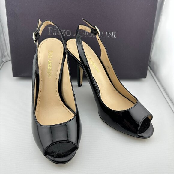 ENZO ANGIOLINI Black Patent Peep-Toe Slingback Heels Size 7 M - Picture 1 of 8